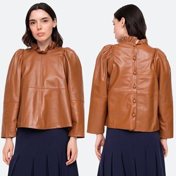 NEW Sea New York Lora Leather Back Buttoned Ruffled Neck Top Caramel Brown - Picture 7 of 7